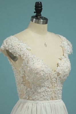 Elegant A-Line Deep V-neck Appliques Lace Pearl Backless Chiffon Wedding Dress_3