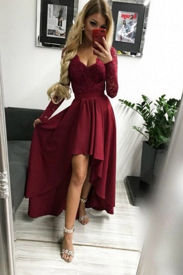 Sexy Long Sleeves Appliques Lace Evening Dress V-neck High Low Prom Dresses_1