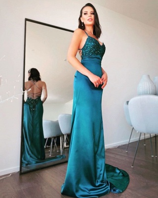 Sexy Spaghetti Straps Halter Evening Dress Backless Appliques Mermaid Prom Dress_2