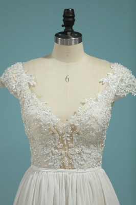 Elegant A-Line Deep V-neck Appliques Lace Pearl Backless Chiffon Wedding Dress_2