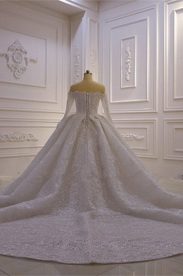 Classy Long Sleeve Sweetheart Appliques Lace Beading Ruffles Backless Ball Gown Wedding Dress_3