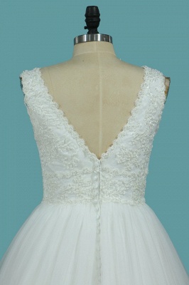 Elegant A-Line V-neck Backless Appliques Lace Pearl Detailing Floor-length Wedding Dress_4