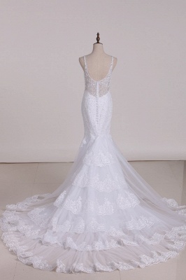Elegant Spaghetti Straps V-neck Backless Appliques Lace Beading Mermaid Wedding Dress_3