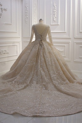 Classy Beading V-neck Long Sleeve Sequins Appliques Lace Ruffles Ball Gown Train Wedding Dress_6