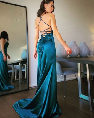 Sexy Spaghetti Straps Halter Evening Dress Backless Appliques Mermaid Prom Dress_3