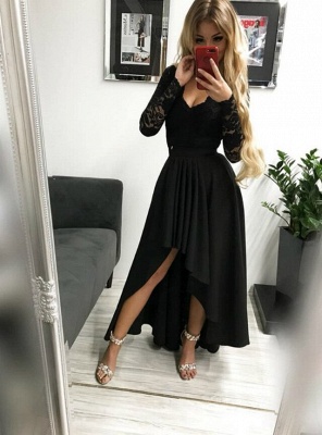 Sexy Long Sleeves Appliques Lace Evening Dress V-neck High Low Prom Dresses_2