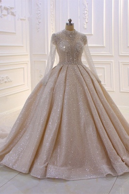 Gorgeous High-neck Long Sleeve Beading Sequins Train Ruffles Satin Ball Gown Wedding Dress_1