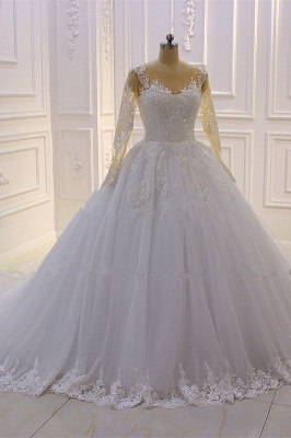 Gorgeous Bateau Long Sleeve Appliques Lace Beading Floor-length Ball Gown Wedding Dress_4