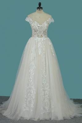 Elegant A-Line Bateau Appliques Lace Ruffles Tulle Floor-length Wedding Dress_1