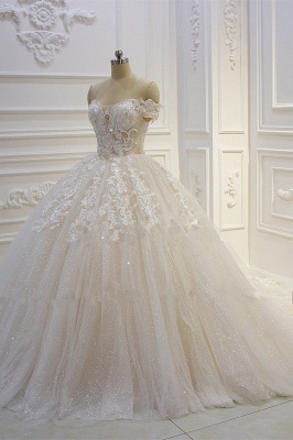 Elegant Off-the-Shoulder Sweetheart Appliques Lace Sequins Backless Ball Gown Wedding Dress_3