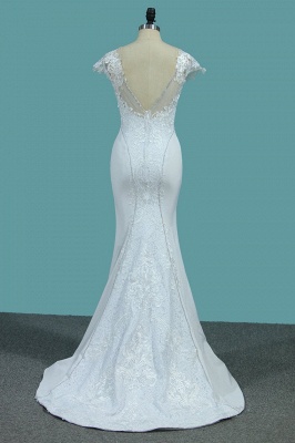 Elegant Scoop Neck Short Sleeve Appliques Lace Beading Satin Mermaid Wedding Dress_2