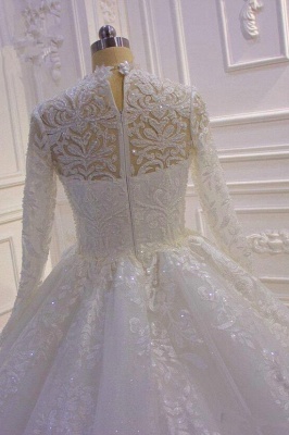 Vintage High-neck Long Sleeve Appliques Lace Beading Ruffles Long Ball Gown Wedding Dress_4