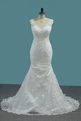 Classy V-neck Backless Appliques Lace Beading Floor-length Mermaid Wedding Dress_1