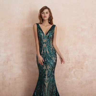 Stunning Deep V-neck Floor-length Mermaid Prom Gown With Glitter Sequins Appliques_2