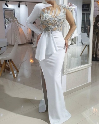Unique White Long Sleeve Appliques Floor-length Mermaid Prom Dress With Side Slit_2