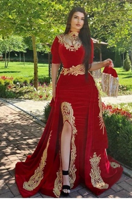 Gorgeous Velvet Half Sleeves Gold Appliques Mermaid Prom Dress With Slit Train_1