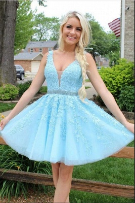 Cute Sky Blue Appliques Lace V-neck Short Party Dress A-Line Prom Dress_3