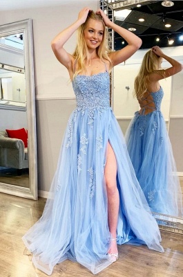 Elegant Spaghetti Straps Appliques Lace Tulle A-Line Prom Dress With Split_3