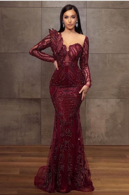 Glamorous Long Sleeves Beading Mermaid Evening Gown With Appliques Lace_1