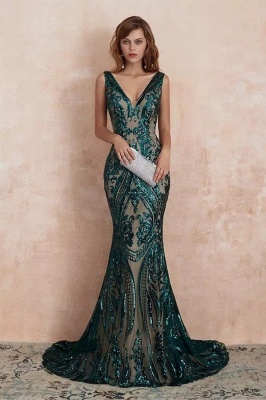 Stunning Deep V-neck Floor-length Mermaid Prom Gown With Glitter Sequins Appliques_1