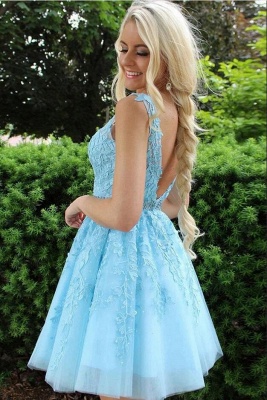 Cute Sky Blue Appliques Lace V-neck Short Party Dress A-Line Prom Dress_2