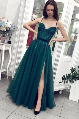 Elegant Tulle Spaghetti Straps A-Line Sweetheart  Prom Dress With Pearl Split_1