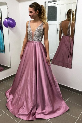 Stylish Deep V-neck Crystals A-line Evening Dress Open Back Prom Dress_4