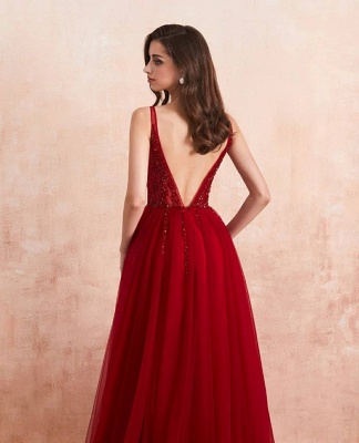 Charming V-neck Beading Tulle Appliques Prom Dress A-line Side Split Evening Dress_5
