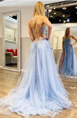 Elegant Spaghetti Straps Appliques Lace Tulle A-Line Prom Dress With Split_5