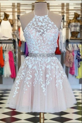 Cute Halter Appliques Tulle A-line Short Prom Dress Ruffles Party Dress_1