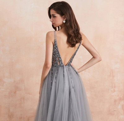 Charming A-Line Deep V-neck Beadings Tulle Open Back Prom Dress With Side Split_3