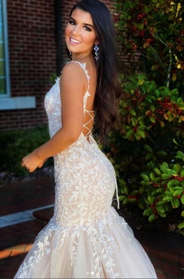 Elegant White Spaghetti StrapsTulle Lace Appliques Mermaid Prom Dress_3