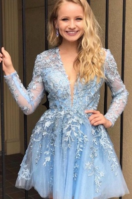Pretty Long Sleeves Deep V-neck Appliques Lace Short A-Line Prom Dress_1