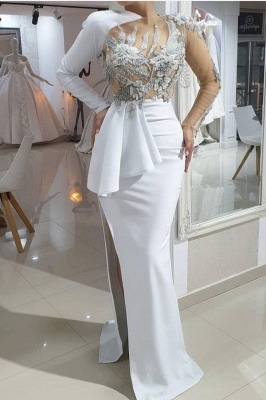 Unique White Long Sleeve Appliques Floor-length Mermaid Prom Dress With Side Slit_1
