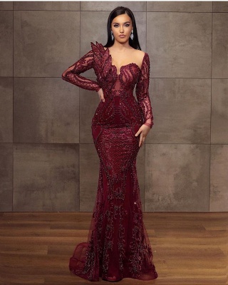 Glamorous Long Sleeves Beading Mermaid Evening Gown With Appliques Lace_2