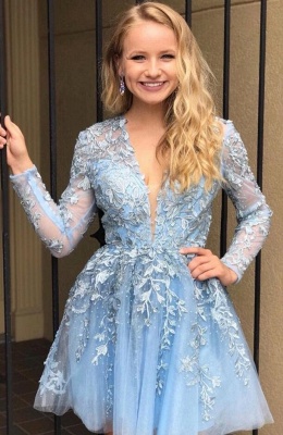 Pretty Long Sleeves Deep V-neck Appliques Lace Short A-Line Prom Dress_2