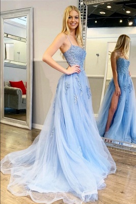 Elegant Spaghetti Straps Appliques Lace Tulle A-Line Prom Dress With Split_4