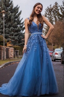 Stunning Wide Straps Tulle Appliques Lace V-neck A-Line Prom Dress With Belt_2