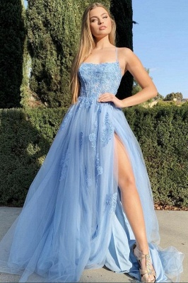 Elegant Spaghetti Straps Appliques Lace Tulle A-Line Prom Dress With Split_1