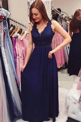 Elegant A-Line Appliques Lace Chiffon V-neck Long Evening Prom Dress With Sash_1