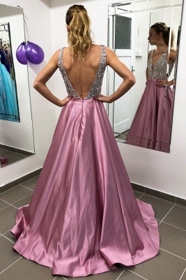 Stylish Deep V-neck Crystals A-line Evening Dress Open Back Prom Dress_5