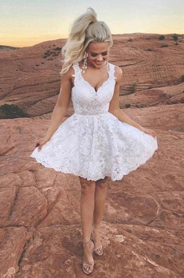 Simple White Appliques Lace Short Party Dress V-neck A-Line Prom Dress_2