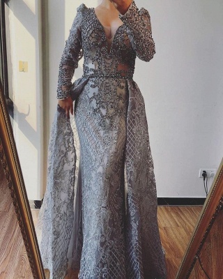 Gorgeous Long Sleeves Pearl Appliques Lace Mermaid Prom Dress With Detachable Train_2
