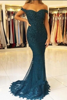 Charming Off-the-shoulder Mermaid Evening Gown With Lace Appliques Pearl_1