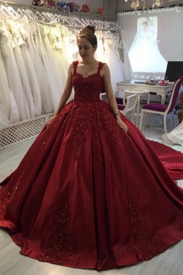 Attractive Sweetheart Spaghetti Straps Appliques Ball Gown Prom Dress With Sweep Train_1