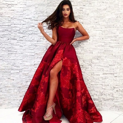 Sexy Strapless Backless Print Satin A-Line Ruffles Evening Dress With Side Slit_3