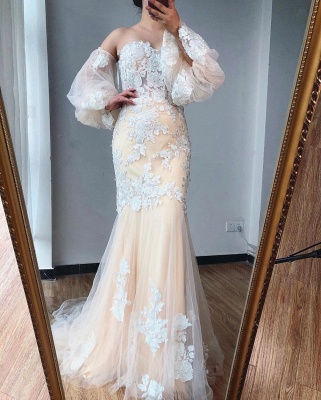 Romantic Sweetheart Appliques Lace Tulle Mermaid Prom Dress With Puffy Sleeves_2
