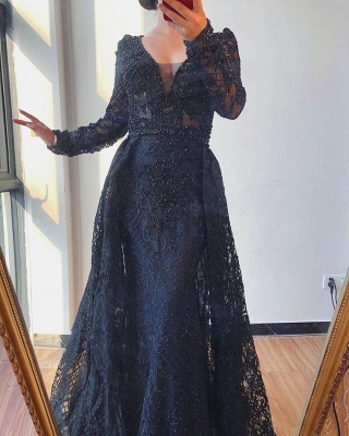 Gorgeous Long Sleeves Pearl Appliques Lace Mermaid Prom Dress With Detachable Train_4
