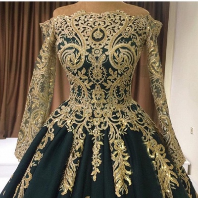 Luxury Off-the-shoulder Long Sleeves A-Line Prom Dress With Gold Appliques_3