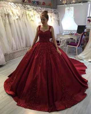 Attractive Sweetheart Spaghetti Straps Appliques Ball Gown Prom Dress With Sweep Train_2